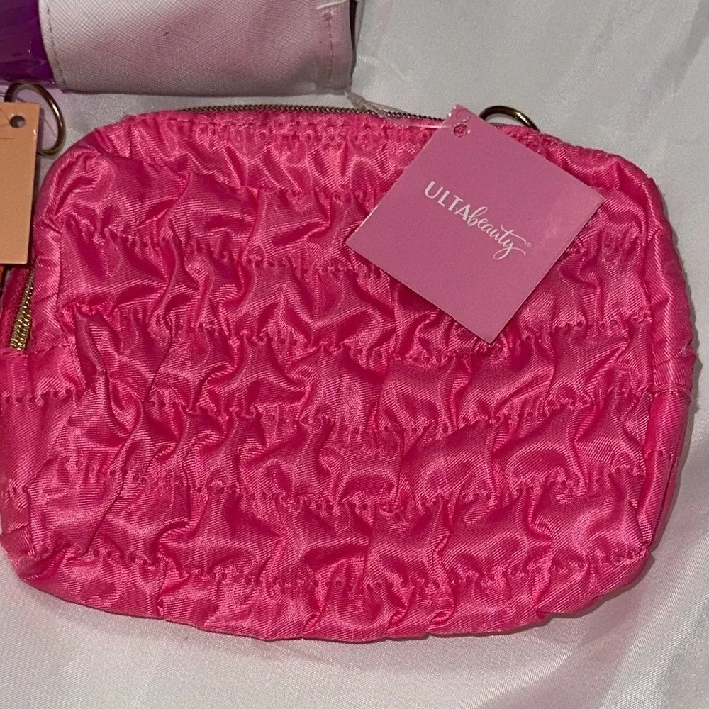 Ulta Beauty 3 Piece Makeup Bag Set White Orange Pink Ruched Cosmetic Pouches New